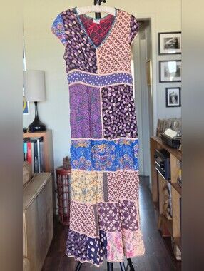 Palak Multicolor Patchwork Boho Maxi Dress - Purple, Blue, Pink